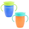 The Nuby All Around Cup 2 Pack - Blue includes two no spill trainer cups with curved handles for easy grip—one blue with a green lid and one orange with a teal lid—ideal for little hands.