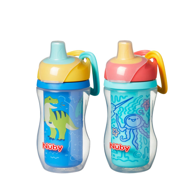 The Nuby UK Insulated Sipper Cup 2 pack includes two colorful toddler cups with yellow handles and spill-proof lids, featuring dinosaur and sea creature designs—perfect for mess-free sipping.