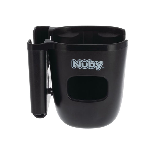The Nuby Pram Cup & Phone Holder is a black stroller accessory featuring a rectangular cutout, clamp for secure attachment, and the Nuby logo in white and blue on the front.