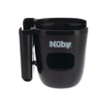 The Nuby Pram Cup & Phone Holder is a black stroller accessory featuring a rectangular cutout, clamp for secure attachment, and the Nuby logo in white and blue on the front.