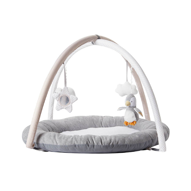 The Nuby Penguin and Pals Play Gym is a round gray baby mat with two soft arches and hanging plush toys—a star, cloud, and penguin. This cushioned gym is perfect for infants’ tummy time or playful discovery.
