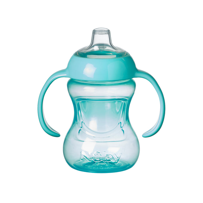 The Nuby Mini Grip N Sip Babys First Cup is a clear plastic sippy cup with a turquoise lid, dual handles, and spout—perfectly designed for young children learning to drink independently.