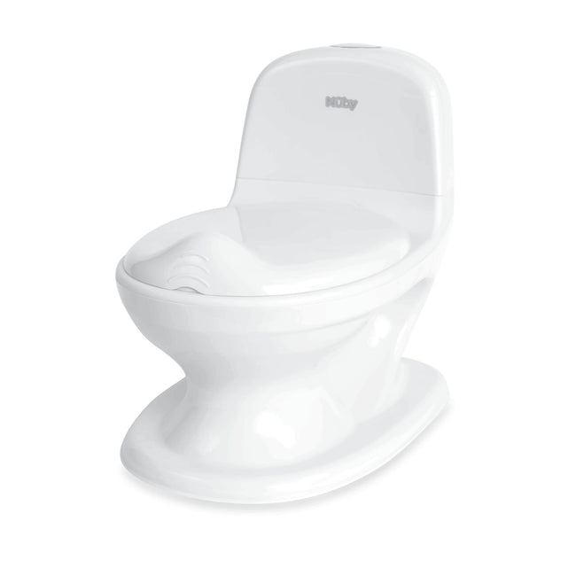 The Nuby My Real Mini Toilet Potty is a small, white training toilet for toddlers, featuring a closed lid and realistic design—ideal for early toilet training.