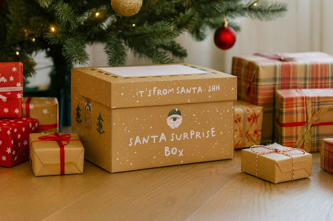 A close up of the Santa Surprise gift box underneath a Christmas tree.
