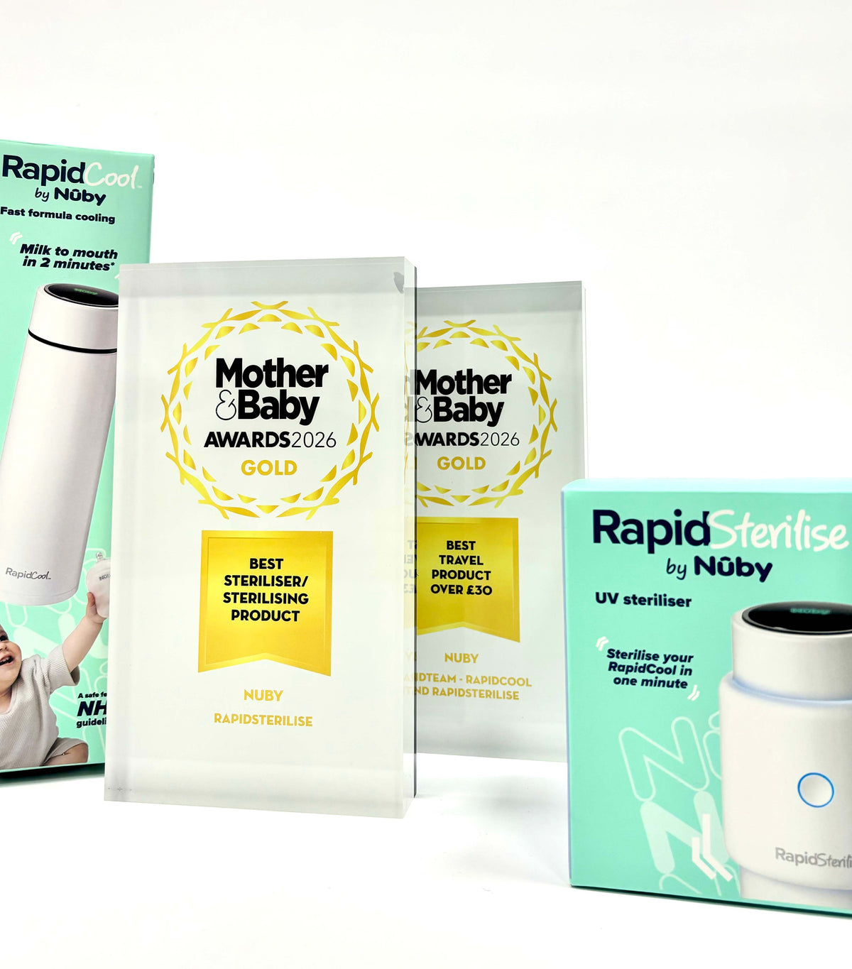 A close up of our two awards, won from Mother & Baby 2026.