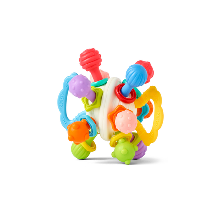 The Twist Ball Teether is a vibrant baby sensory toy featuring textured handles and knobs in blue, red, green, orange, and yellow, all joined to a central white hub. Crafted from safe silicone, this teether provides soothing relief for little ones and promotes sensory exploration through engaging tactile and visual stimulation.