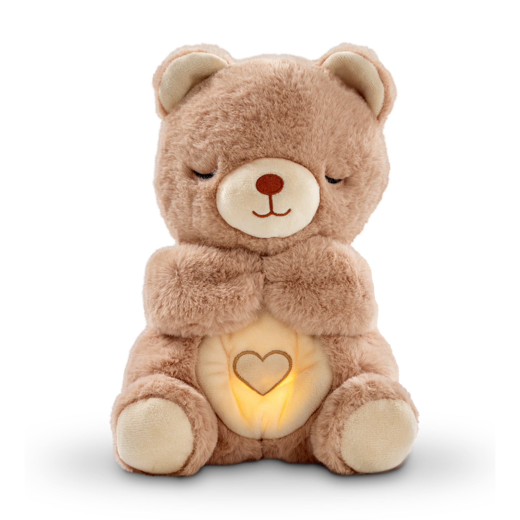 The Biscuit Bear comforter for babies. A bear that is appearing to be asleep with a warm glowing tummy. This as a heart on it.