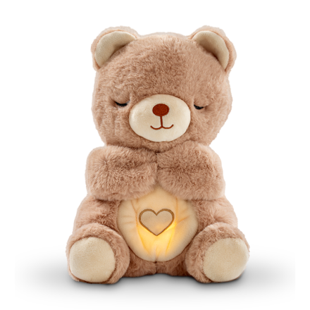 The Biscuit Bear comforter for babies. A bear that is appearing to be asleep with a warm glowing tummy. This as a heart on it.