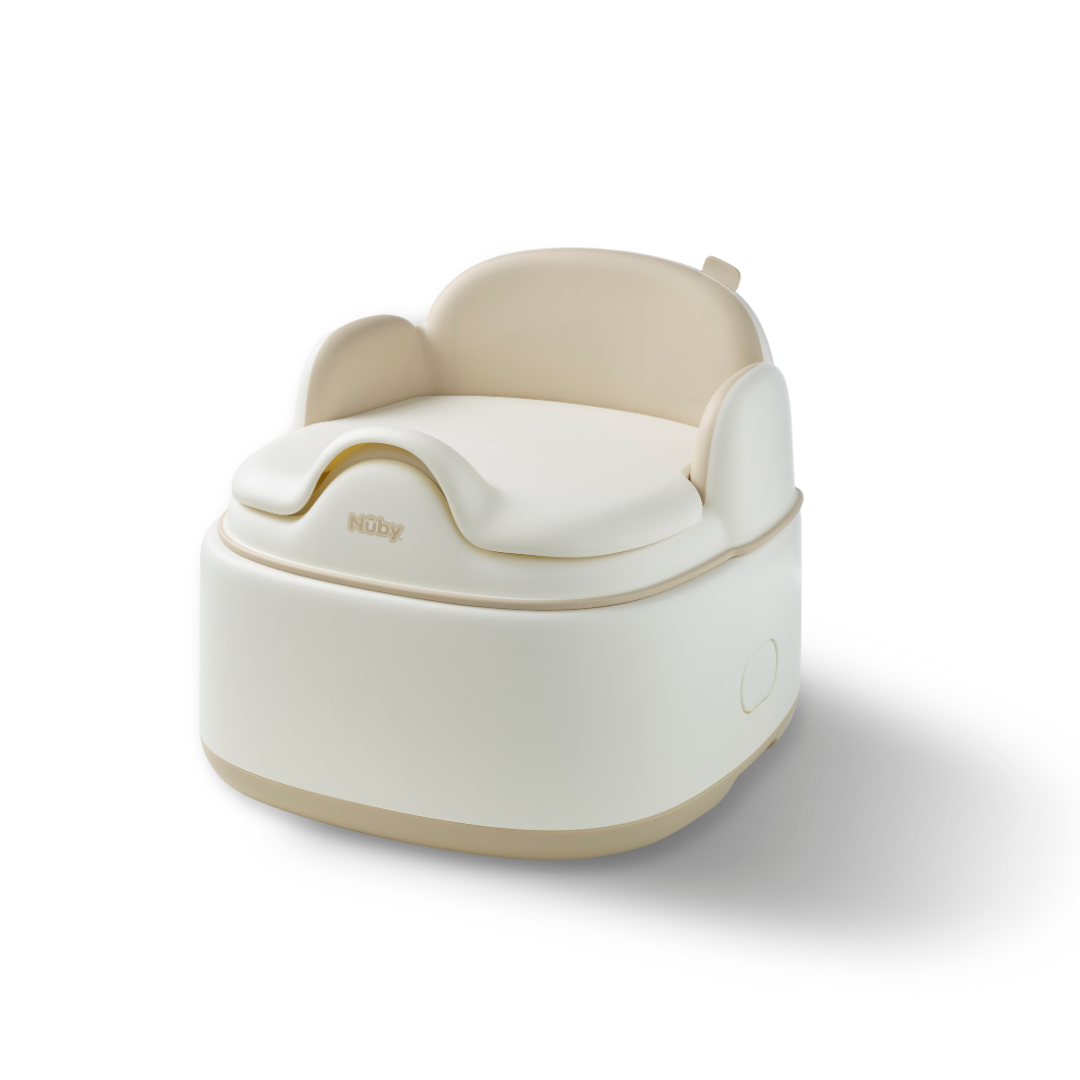 The Gro Up 3 in 1 Potty is a beige and white children’s potty chair featuring armrests and a supportive backrest, displayed against a white background. The Nuby brand name appears on the front, highlighting this potty training essential designed to provide comfort and support for little ones as they transition from diapers to the toilet.
