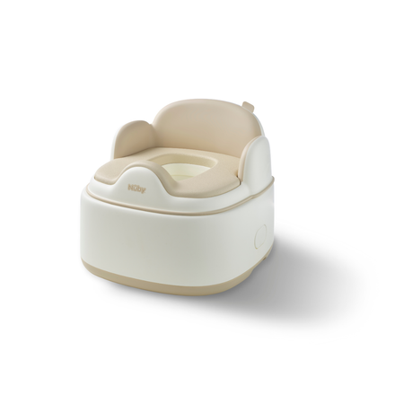 Introducing the Gro Up 3 in 1 Potty: a beige and white potty training seat featuring side handles, a high backrest, and a removable bowl. This versatile toilet trainer is designed to support toddlers through every stage of potty training. Shown here on a white background.