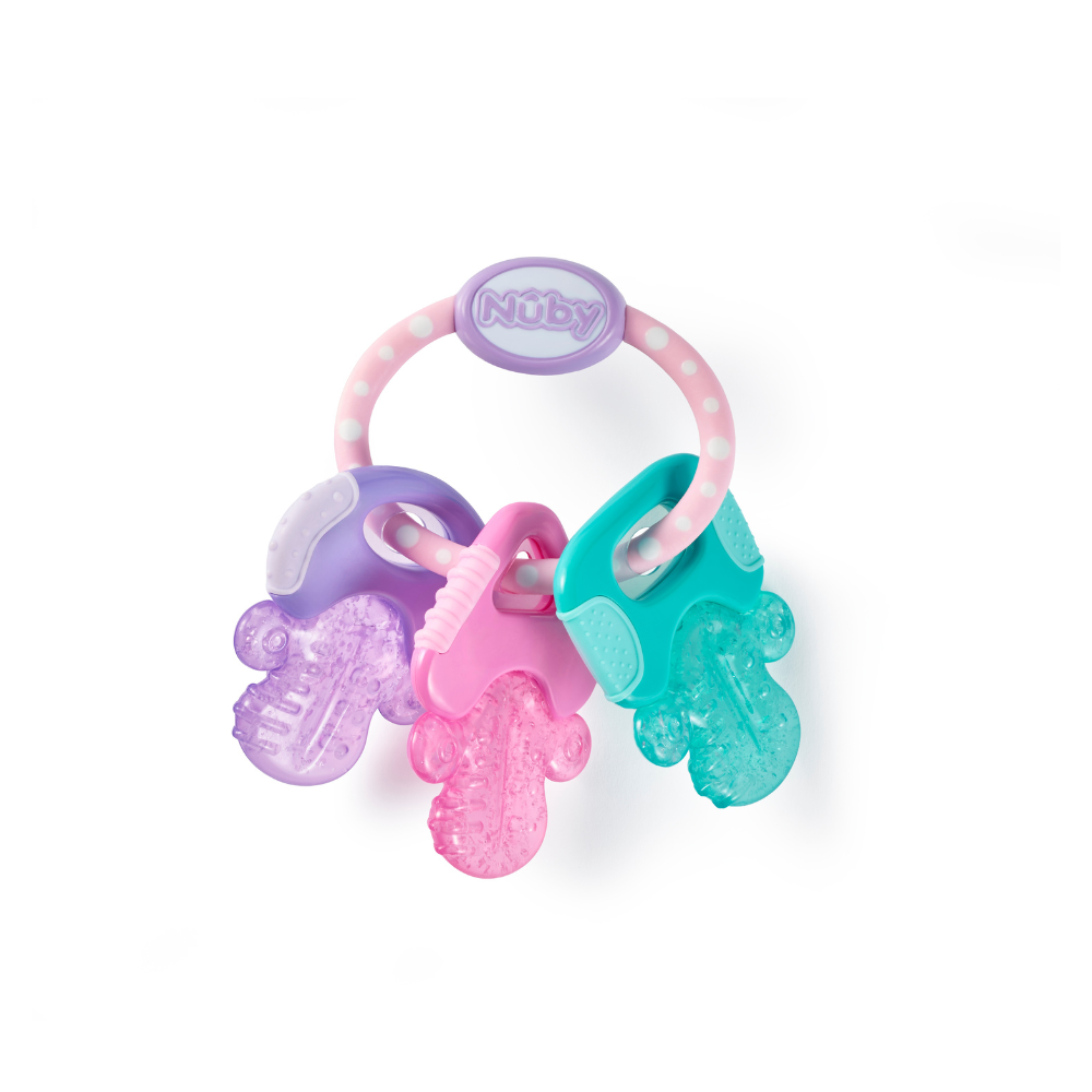Introducing the Icy Bite Keys Teether Toy, featuring three colorful teething keys in purple, pink, and teal, all attached to a polka-dotted ring labeled Nuby. Perfect for soothing your baby during those teething stages.