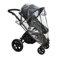 A black baby stroller fitted with a transparent Pram Rain Cover, protecting the seat and wheels, is shown from the side against a white background.