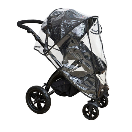 A black baby stroller fitted with a transparent Pram Rain Cover, protecting the seat and wheels, is shown from the side against a white background.