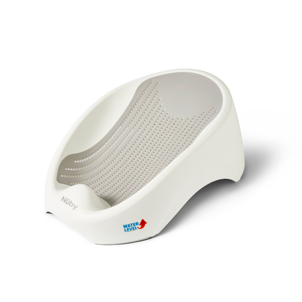 White plastic Newborn Baby Bath Support Seat featuring a contoured, perforated seat, cushioned back rest, and a max water level indicator on the side. The brand name Nûby is printed near the base.