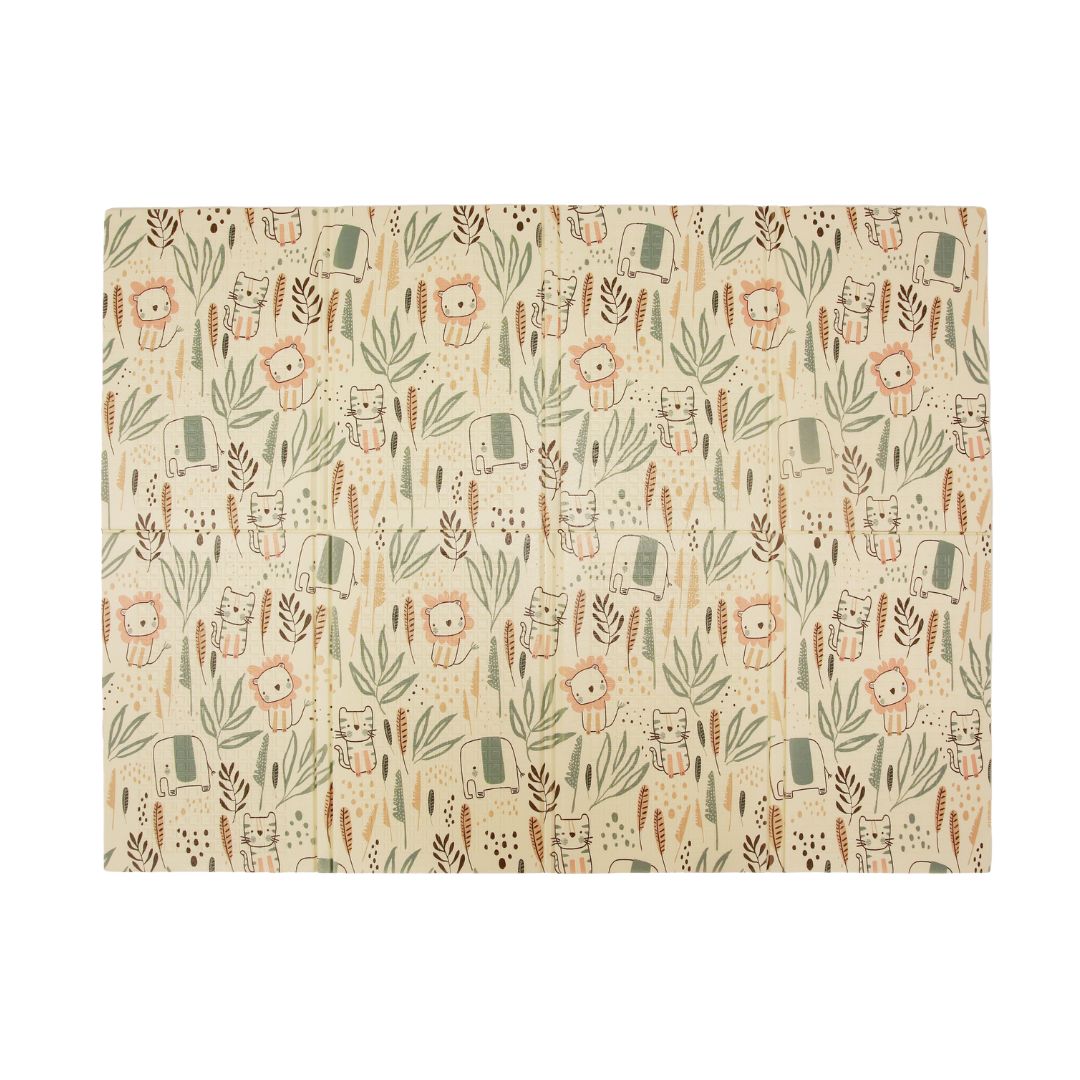 The Fold N Go Play Mat features a rectangular shape with a beige background, decorated with a playful pattern of lions, elephants, and leopards, as well as assorted green leaves and brown grasses. Its soft, earthy tones and whimsical, child-friendly design make this cushioned foam play mat perfect for comfortable playtime.