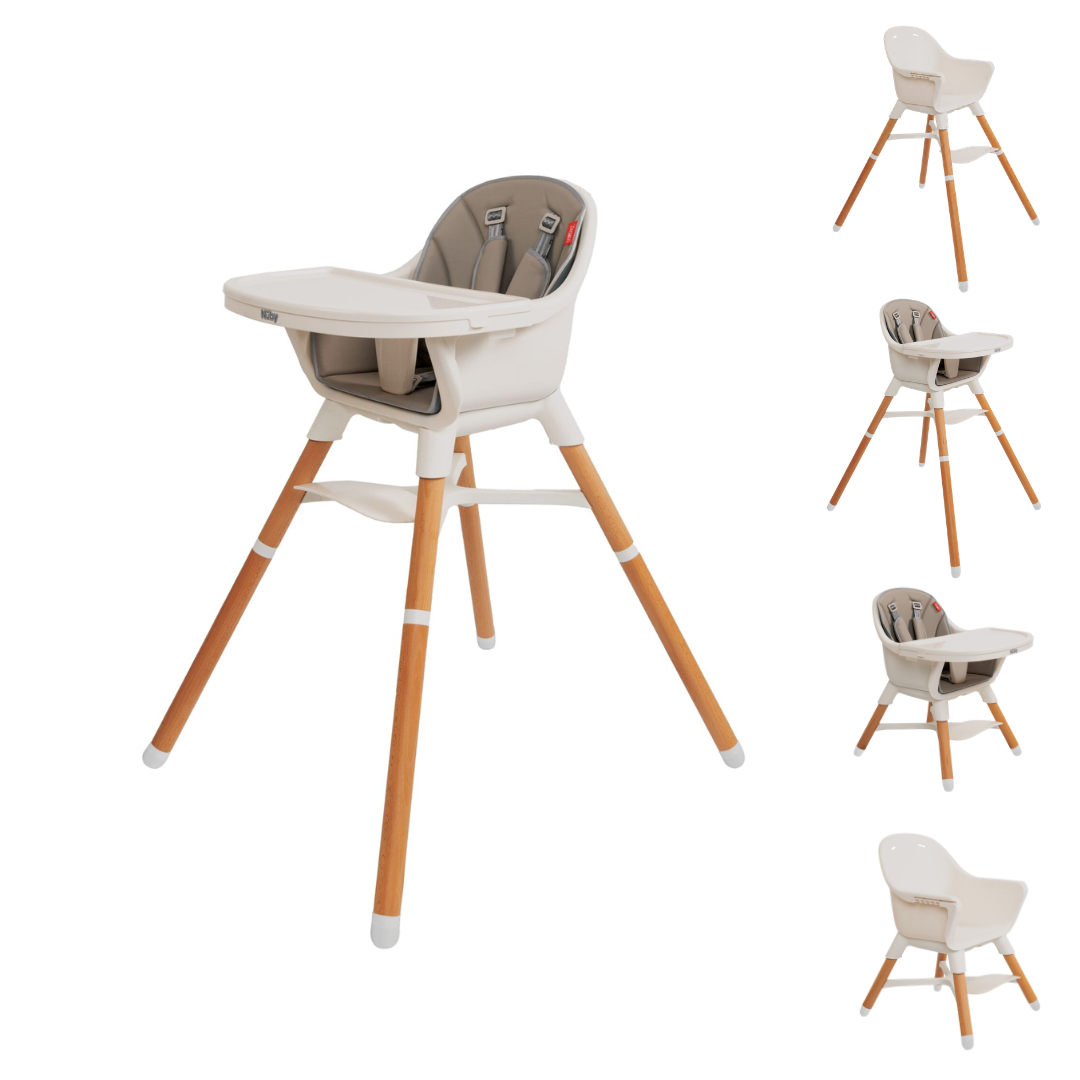 The 4-in-1 Multi-Use Highchair features a modern white seat, sturdy wooden legs, and a secure safety harness. Designed for easy cleaning and adaptability as your child grows, it includes additional images displaying the front, side, three-quarter, and rear views of the toddler chair.