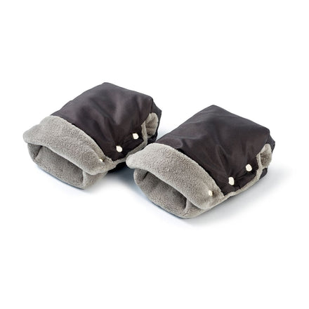 Stay warm on chilly strolls with the Hand Pram Mittens—a pair of fleece-lined black and gray mittens featuring button closures. With a universal fit, these hand muffs attach easily to any pushchair handle, providing ultimate convenience and cozy protection for your hands.