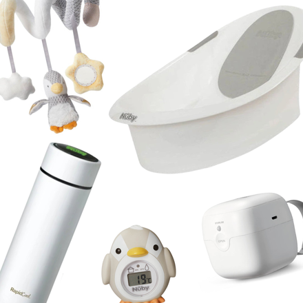 Discover Blundell Bundel – Hannah’s Newborn Must-Haves by Nuby UK: a collection featuring a plush mobile, white infant bathtub, tall white thermos, penguin timer, and white baby wipe dispenser for your little one.