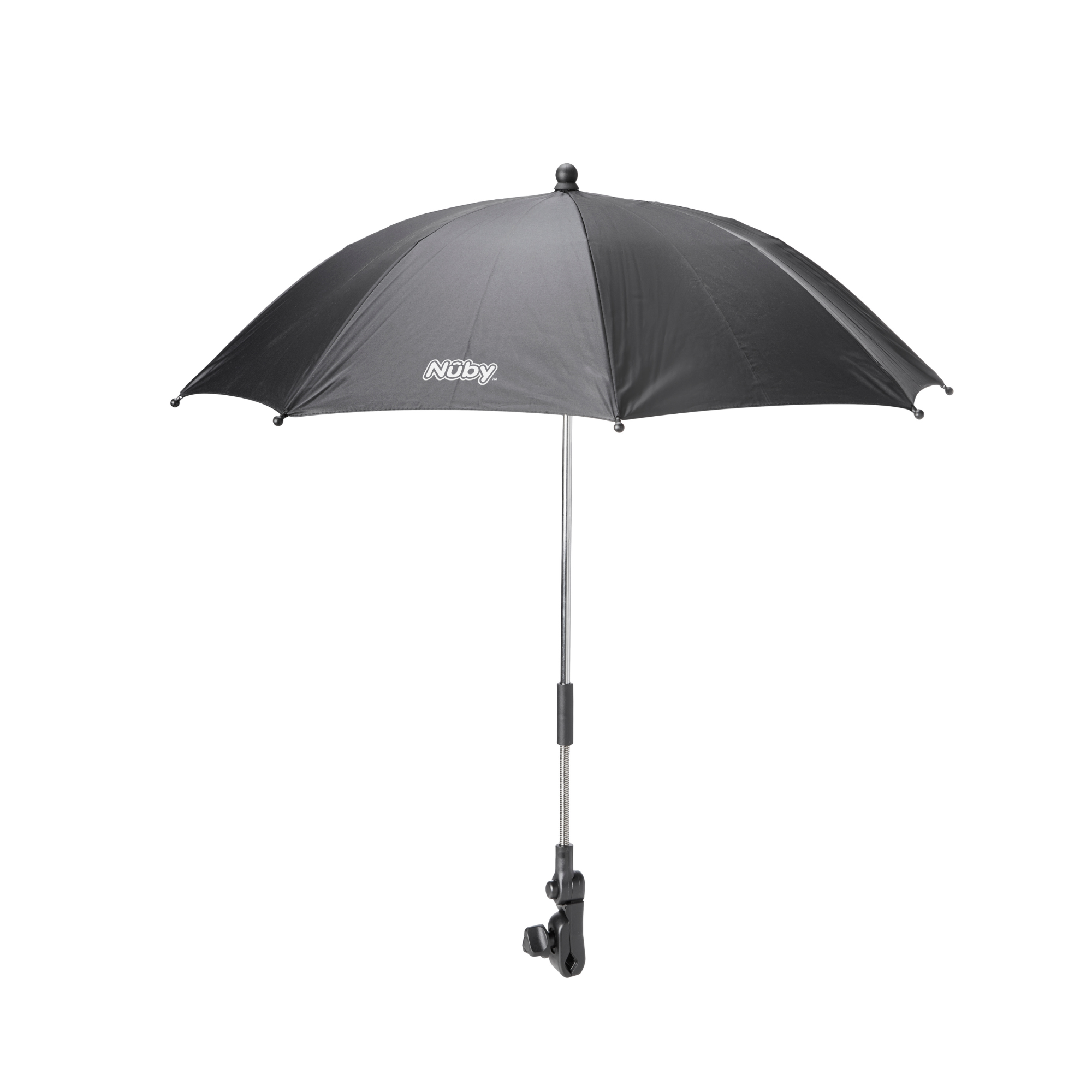 The Nuby Buggy Brolly is a black pram umbrella with a clamp attachment, made from UPF 50+ fabric for strollers, shown on a white background.
