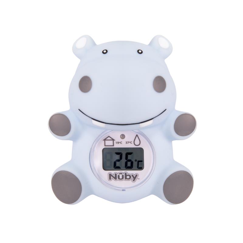 The Nuby Hippo Bath & Room Thermometer is a cute blue hippo-shaped digital thermometer with grey details and a 26°C display, ideal for baths or rooms. The Nuby logo is shown below the screen.
