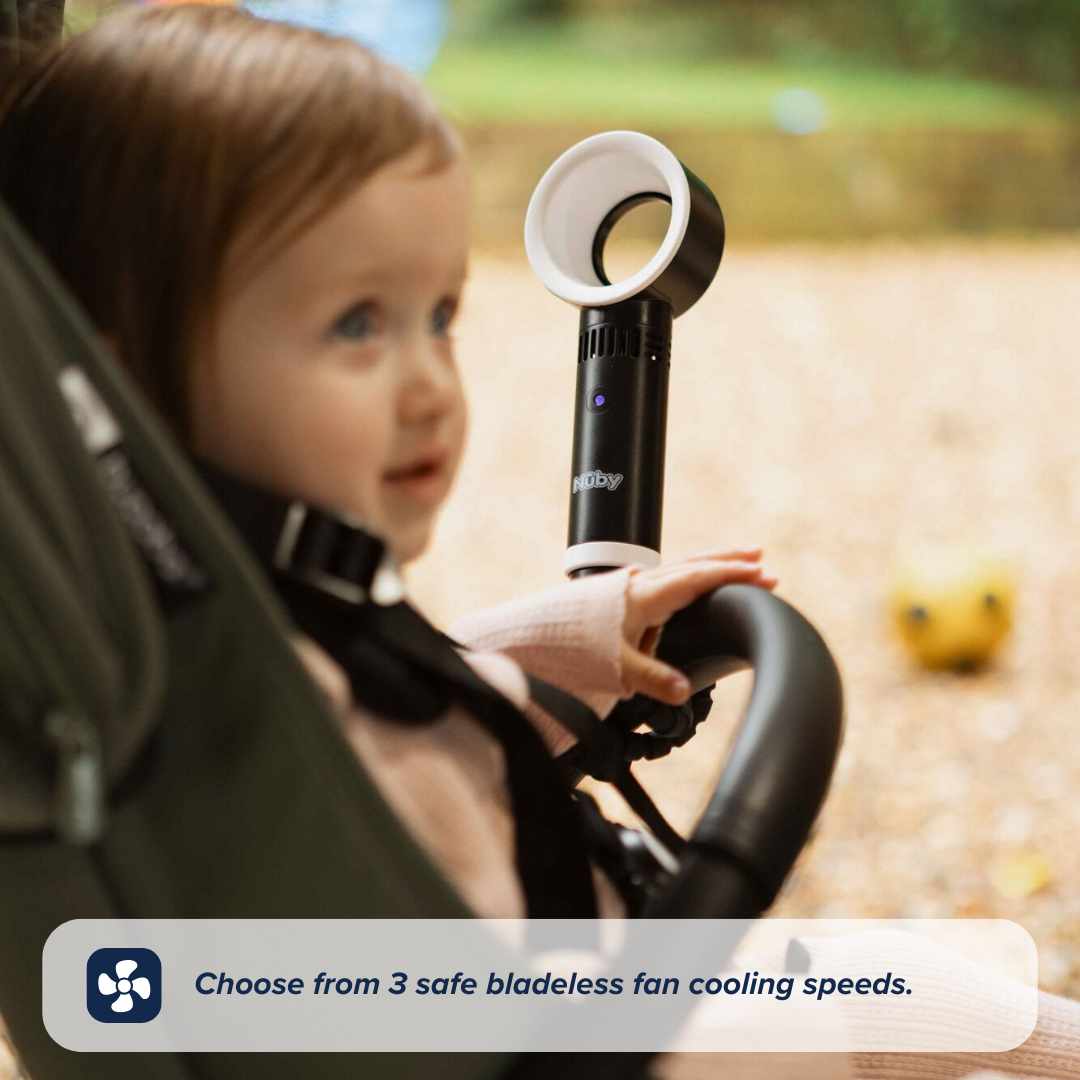 A toddler sits in a stroller holding the bar next to the Nuby UK Bladeless Pram Fan. Text: Choose from 3 safe bladeless cooling speeds.
