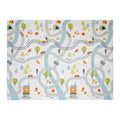 The Nuby Foldable Play Mat, Road Map features a colorful, whimsical design with winding roads, train tracks, trees, cars, tents, houses, birds, and playful animals on a reversible white background.