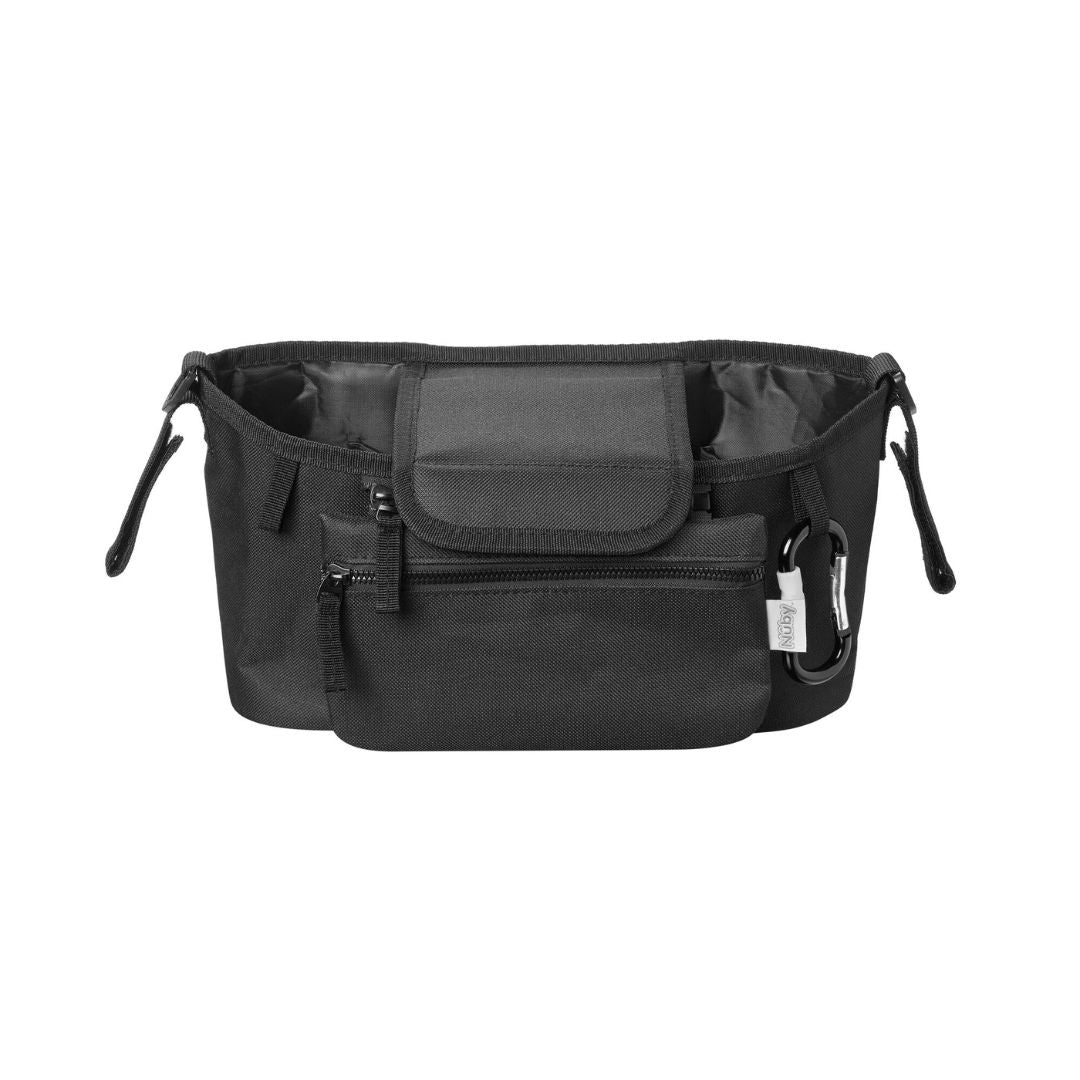 The Nuby Pram Organiser Bag in black features zippered pockets, a flap closure, side straps for attaching to your pram, and a small carabiner clip on the right side. Displayed on a white background.