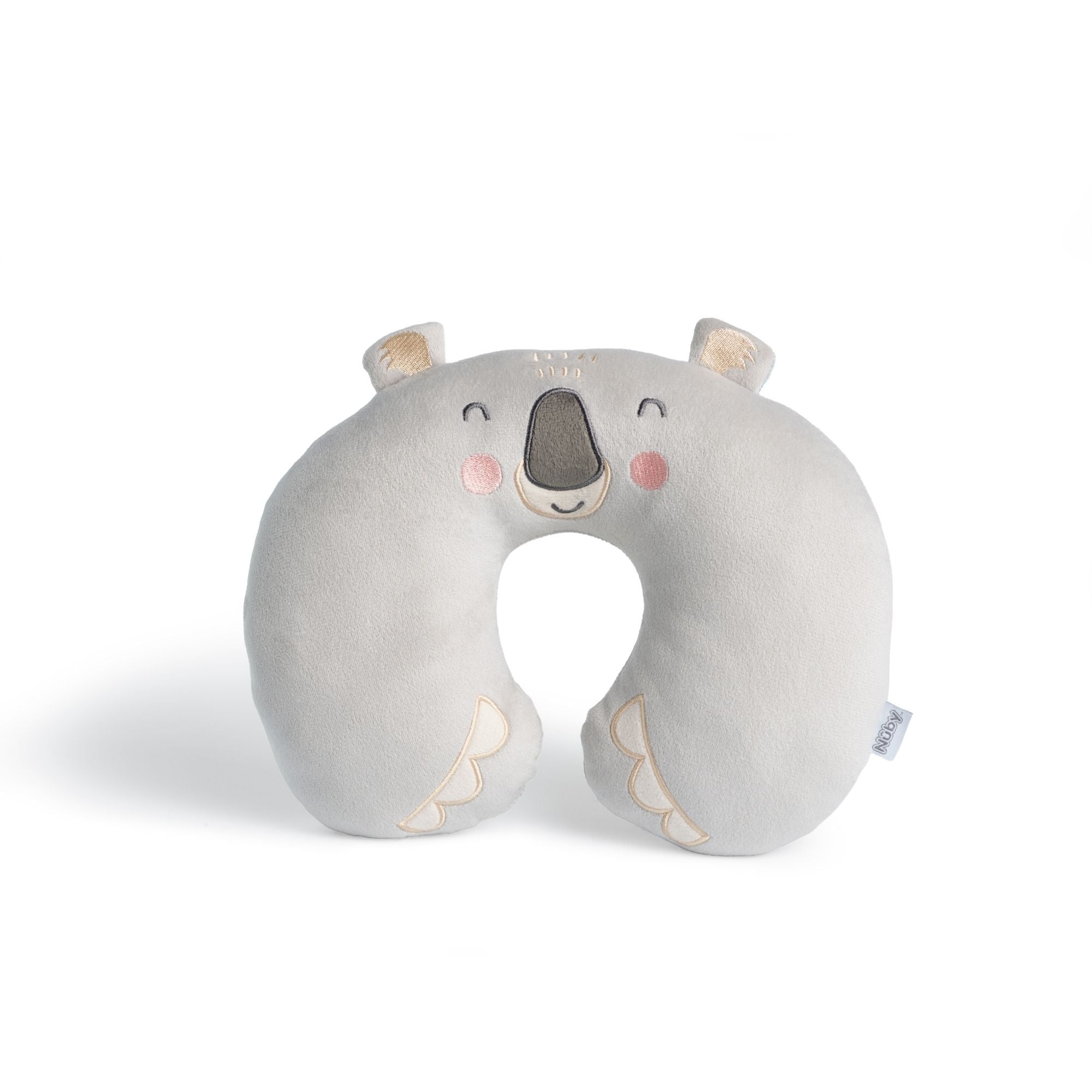The Travel Pillow is a soft, gray U-shaped kids' neck pillow resembling a smiling koala with embroidered face, blushing cheeks, ears, and paws—perfect for children’s travel comfort.