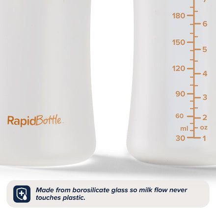 Close-up of two RapidBottle Anti-Colic Glass Feeding Bottles for newborns with measurement markings; text below reads, Made from borosilicate glass so milk flow never touches plastic.