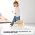 A smiling toddler stands near the cream-colored Gro Up 3 in 1 Potty on a white tiled floor as sunlight streams through a window. Text highlights that the Gro Up 3 in 1 Potty includes a trainer seat, step stool, and hygienic lid—making it the perfect companion for your little one’s potty training journey.