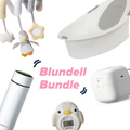 A collage of newborn essentials from Nuby UK’s Blundell Bundel – Hannah’s Newborn Must-Haves, featuring a baby mobile, white baby bath, RapidCool thermos, penguin timer, and white sterilizer arranged around pink “Blundell Bundle” text.