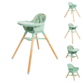 4-in-1 Multi-Use Highchair in green, featuring wooden legs, a convenient tray, and a patterned seat. Four smaller images on the right highlight multiple angles and features of this easy-to-clean highchair, showcasing its versatility as a toddler chair.