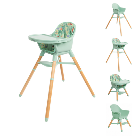 4-in-1 Multi-Use Highchair in green, featuring wooden legs, a convenient tray, and a patterned seat. Four smaller images on the right highlight multiple angles and features of this easy-to-clean highchair, showcasing its versatility as a toddler chair.
