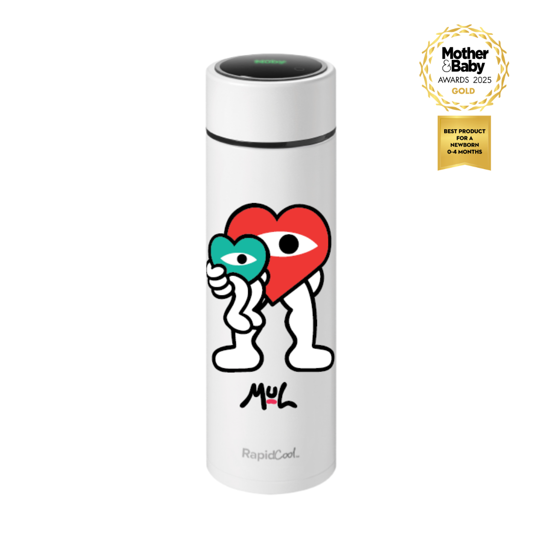The Limited Edition Nuby RapidCool x Mul bottle features a cartoon character with a big red heart-shaped head holding a teal heart and displays a 2025 Mother & Baby Awards Gold badge—perfect for formula feeding moments.