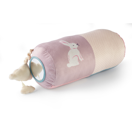 The Little Hops & Raindrops Tummy Pillow is a cylindrical pink and cream support with a white bunny illustration, mirror end, and a plush cloud on a string—ideal for engaging and supporting babies during tummy time.