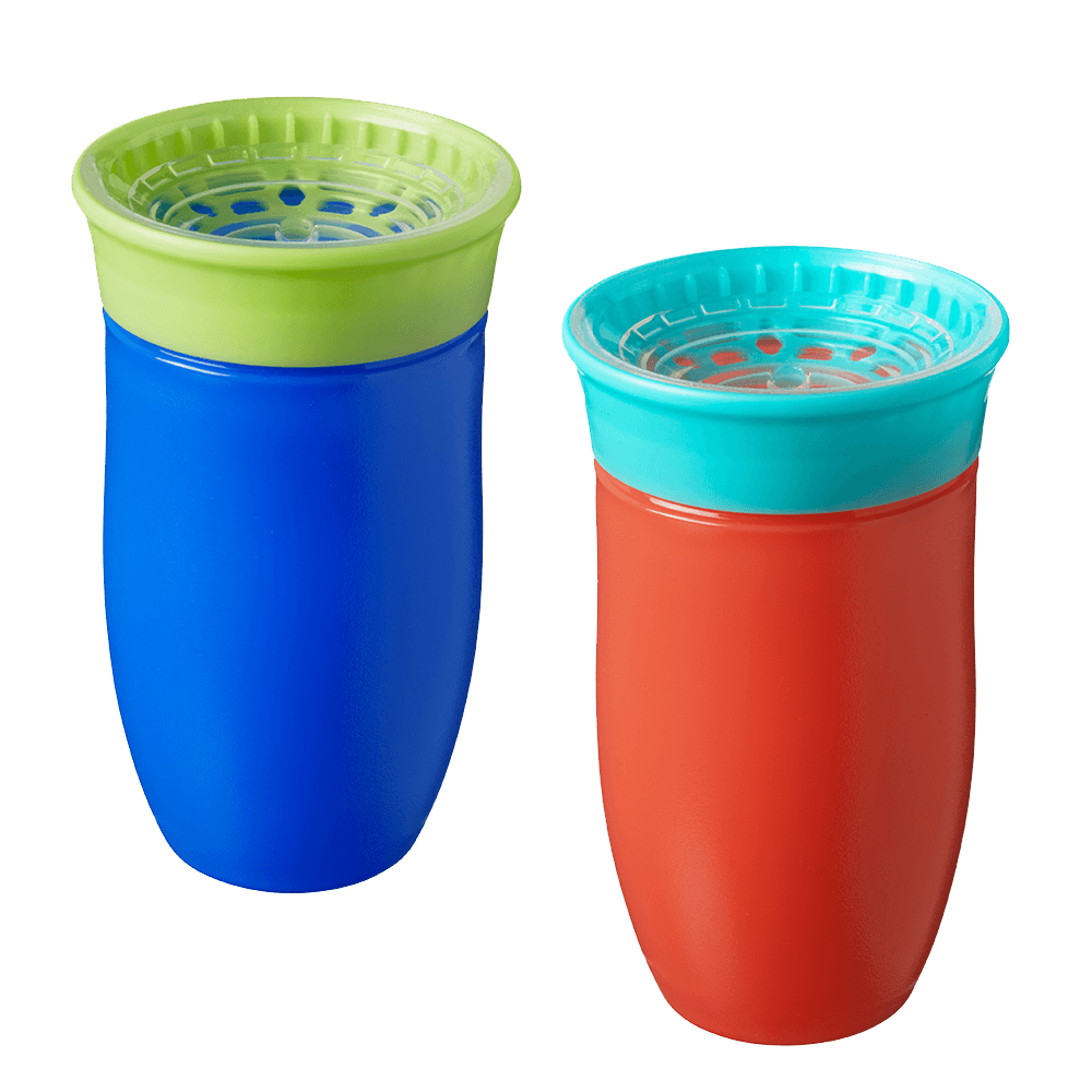 The Nuby All Around Beaker 2 Pack includes spill-proof toddler cups—one blue with a green lid, one red with a teal lid—each featuring a 360° rim and slotted top for easy, mess-free sipping.