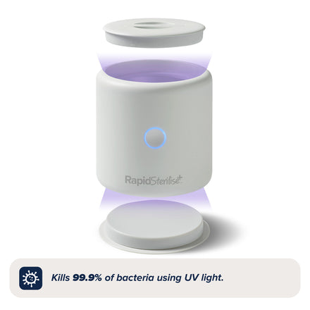 An exploded view shows a white cylindrical RapidSterilise Plus UV Steriliser with glowing purple light and separated lids. Text reads: Kills 99.9% of bacteria with UV—ideal for sterilising baby bottles.