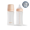 Two clear RapidBottle 2 Pack Glass Baby Bottles, 270ml (9oz), made from BPA-free glass and featuring beige caps with measurement markings. One bottle is fitted with a nipple while the other remains securely closed. A round sticker displays "made for mums BEST BABY BOTTLE TECH 2026 SILVER," highlighting their compatibility with UV sterilisers for hygienic feeding.