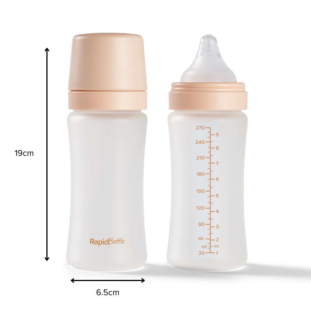 The RapidBottle 2 Pack Glass Baby Bottles includes two frosted bottles with beige lids—one with a cap, one with a BPA-free silicone nipple and 270ml markings. Both are UV steriliser compatible and measure 19 cm by 6.5 cm.