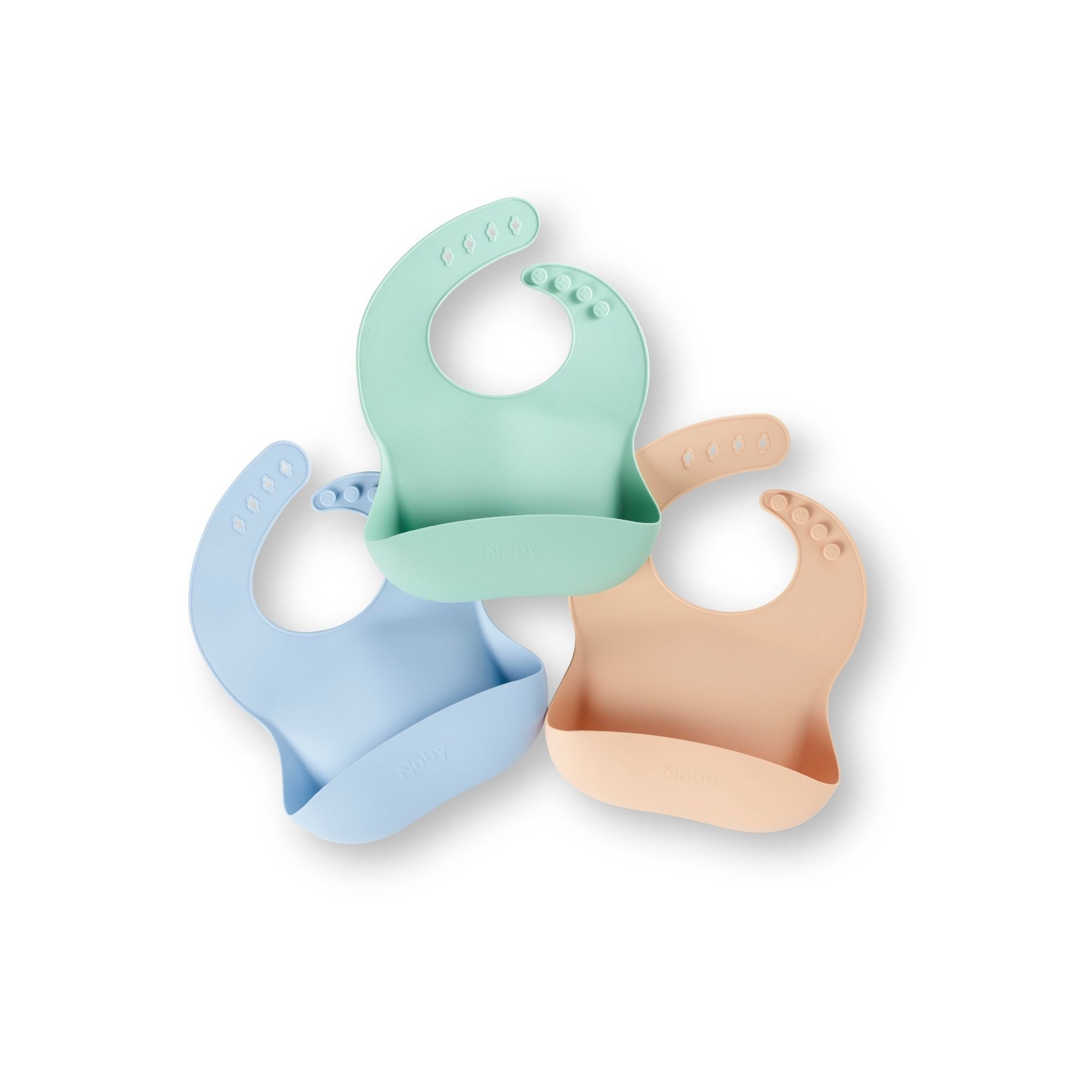 The Silicone Bibs 3 Pack features pastel-colored bibs in light blue, mint green, and peach, each with a food-catching pocket and adjustable neck fasteners, shown overlapping on a white background.