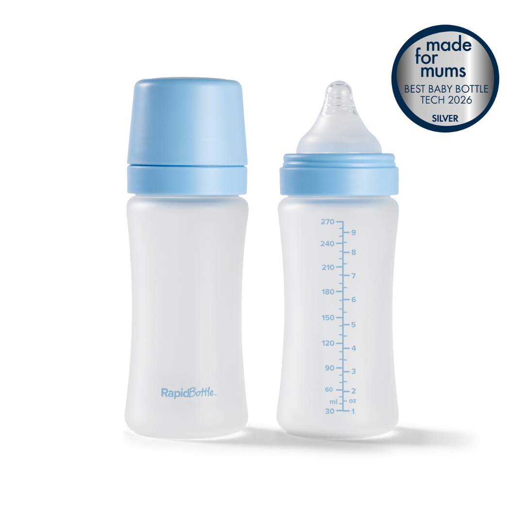 Introducing the RapidBottle 2 Pack Glass Baby Bottles, 270ml (9oz): two clear, BPA-free glass bottles with blue caps—one with a nipple and one with a solid lid. The bottle on the right includes easy-to-read measurement markings. Engineered for safety and hygiene, these bottles are ideal companions for your UV steriliser routine. Shown alongside is a blue award badge: Made for Mums, Best Baby Bottle Tech 2026, Silver.