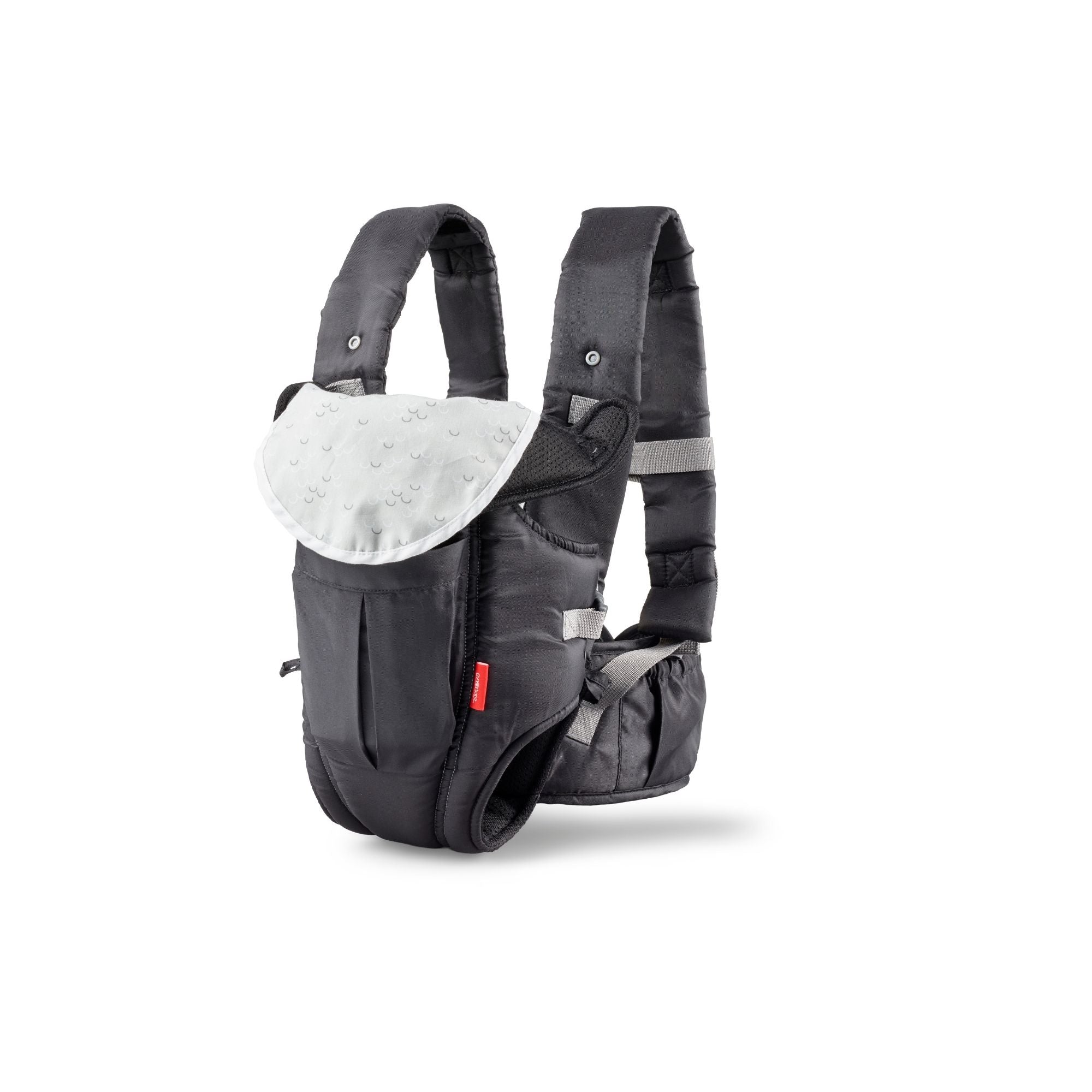 The Comfort Baby Carrier is black and gray with padded shoulder straps, a front pouch, and a light gray patterned flap for hands-free baby carrying. Displayed upright against a white background.