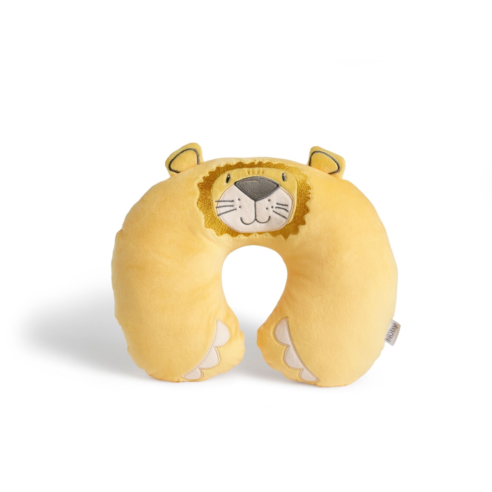 The Travel Pillow is a yellow, U-shaped neck pillow designed as a lion with an embroidered smiling face, mane, ears, and paw details. Shown on a plain white background.