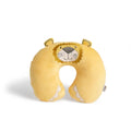 The Travel Pillow is a yellow, U-shaped neck pillow designed as a lion with an embroidered smiling face, mane, ears, and paw details. Shown on a plain white background.