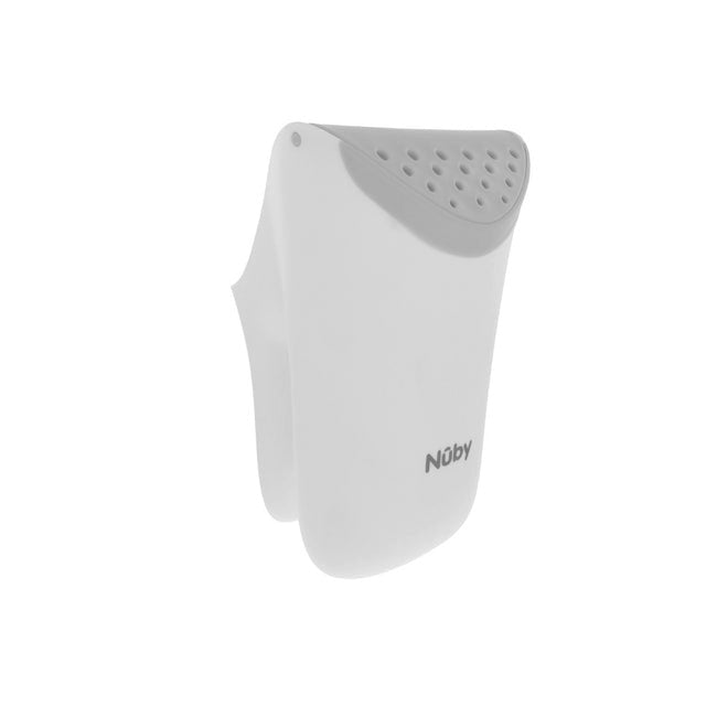 The Shampoo Rinse Pail is a white plastic bath accessory with a gray, vented lid, a sleek curved design, and the Nûby logo on the front—ideal for hair washing or bath time.