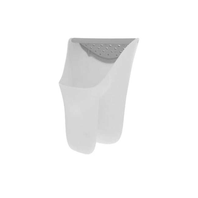 The Shampoo Rinse Pail is a white plastic sink caddy with drainage holes, designed to hang over a sink divider for holding sponges, cleaning items, or the pail itself—ideal for easy hair washing during bath time.