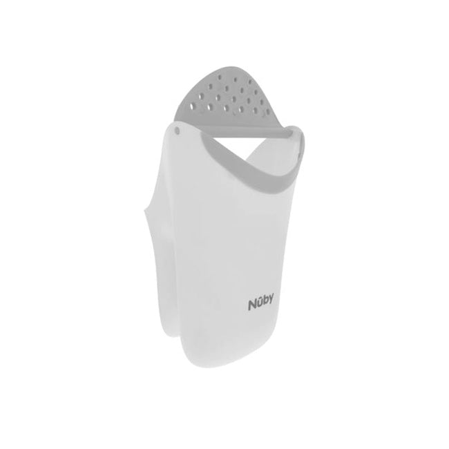 A white silicone shampoo rinse pail with the brand name Nûby on the front. Designed for bath time, it features a built-in pour spout and an easy-grip handle for comfortable, convenient rinsing.