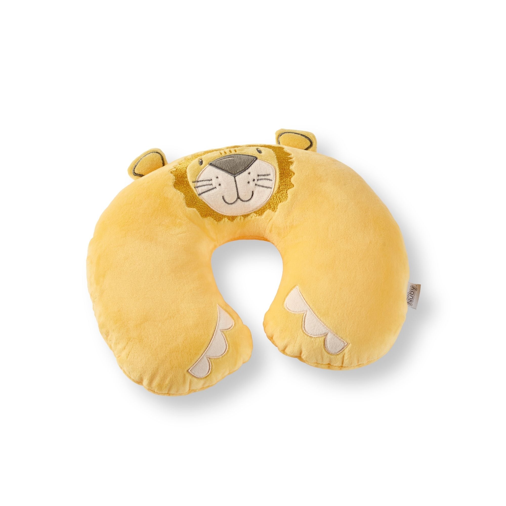 Travel Pillow: Yellow U-shaped plush neck pillow for kids with a cute embroidered lion face, small ears, and a mane on top, designed to provide comfort and support.