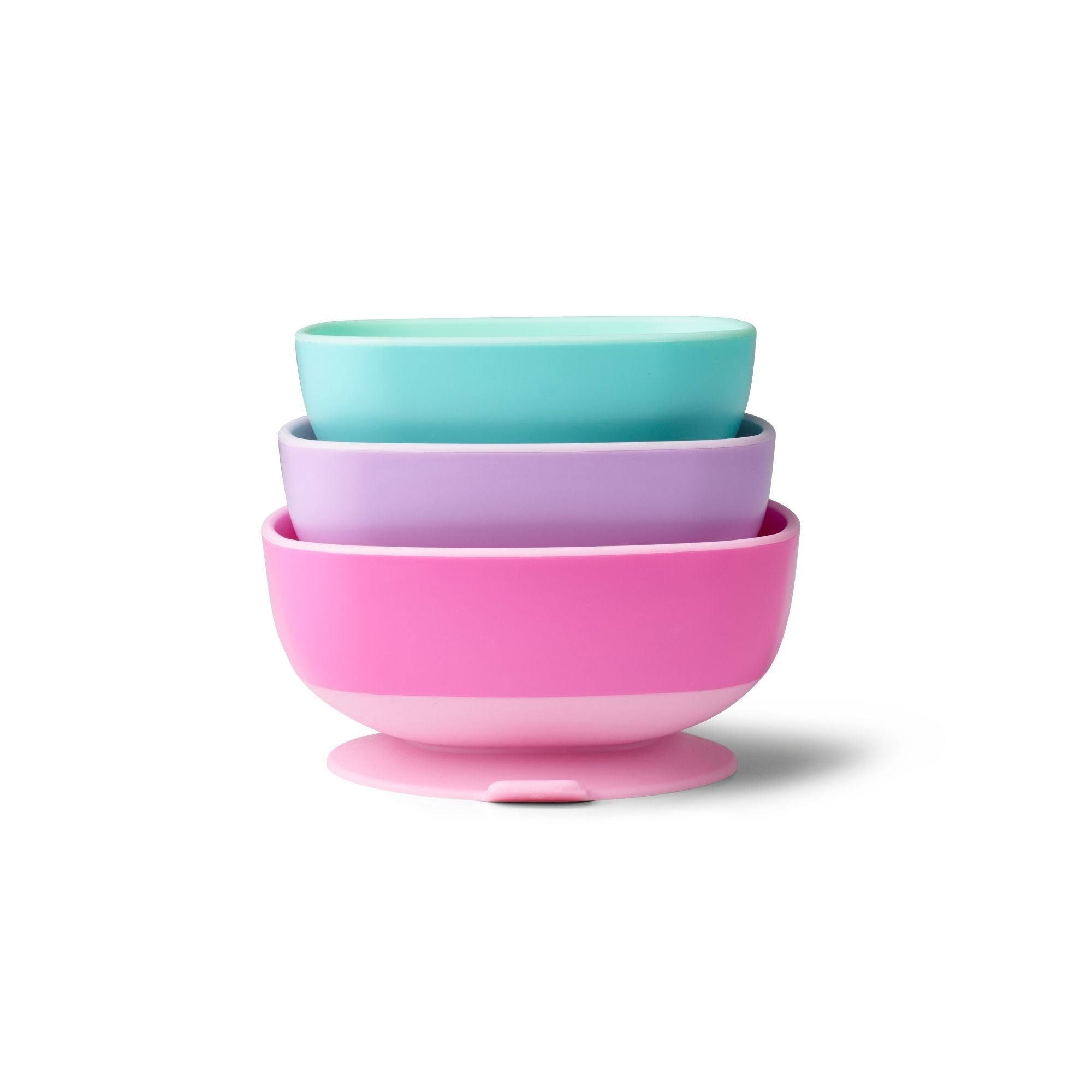 The Baby Suction Bowls Set of 3 includes pastel teal, lavender, and pink bowls with smooth, rounded edges and a matte finish—ideal for baby-led weaning and self-feeding. The stackable design makes them safe and easy to use.