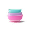 The Baby Suction Bowls Set of 3 includes pastel teal, lavender, and pink bowls with smooth, rounded edges and a matte finish—ideal for baby-led weaning and self-feeding. The stackable design makes them safe and easy to use.